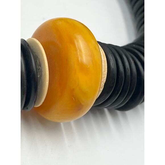 Vintage Black Bakelite Disc Necklace Butterscotch Amber Accent Statement Jewelry - Picture 7 of 13